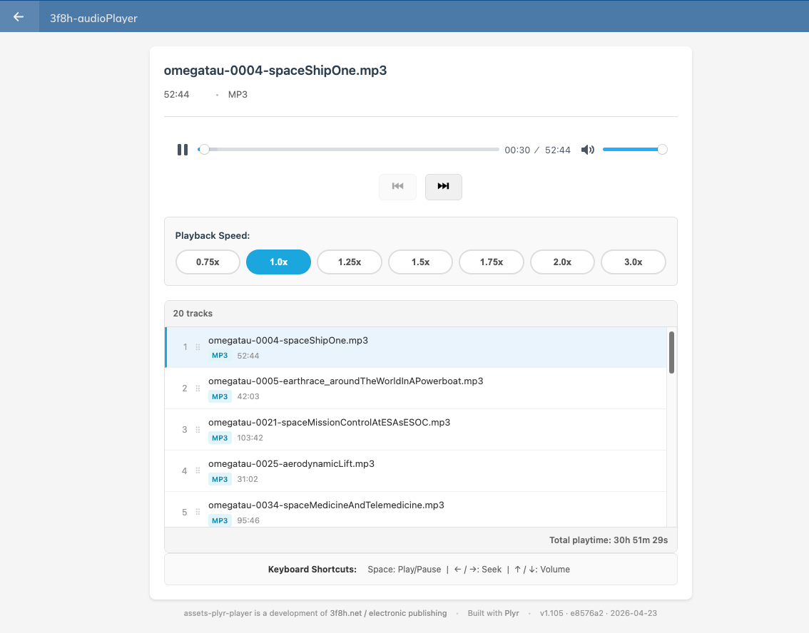 3f8h.net ProofListener für WoodWing Assets: Audio-Player UI mit Playlist, variabler Wiedergabegeschwindigkeit und Tastatur-Shortcuts